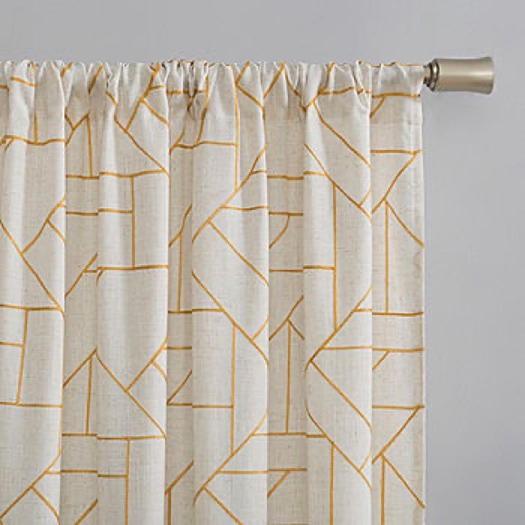 Pair of Archaeo Geometric Linen Blend Sheer Curtains Gold Embroidery - NEW - Picture 6 of 9